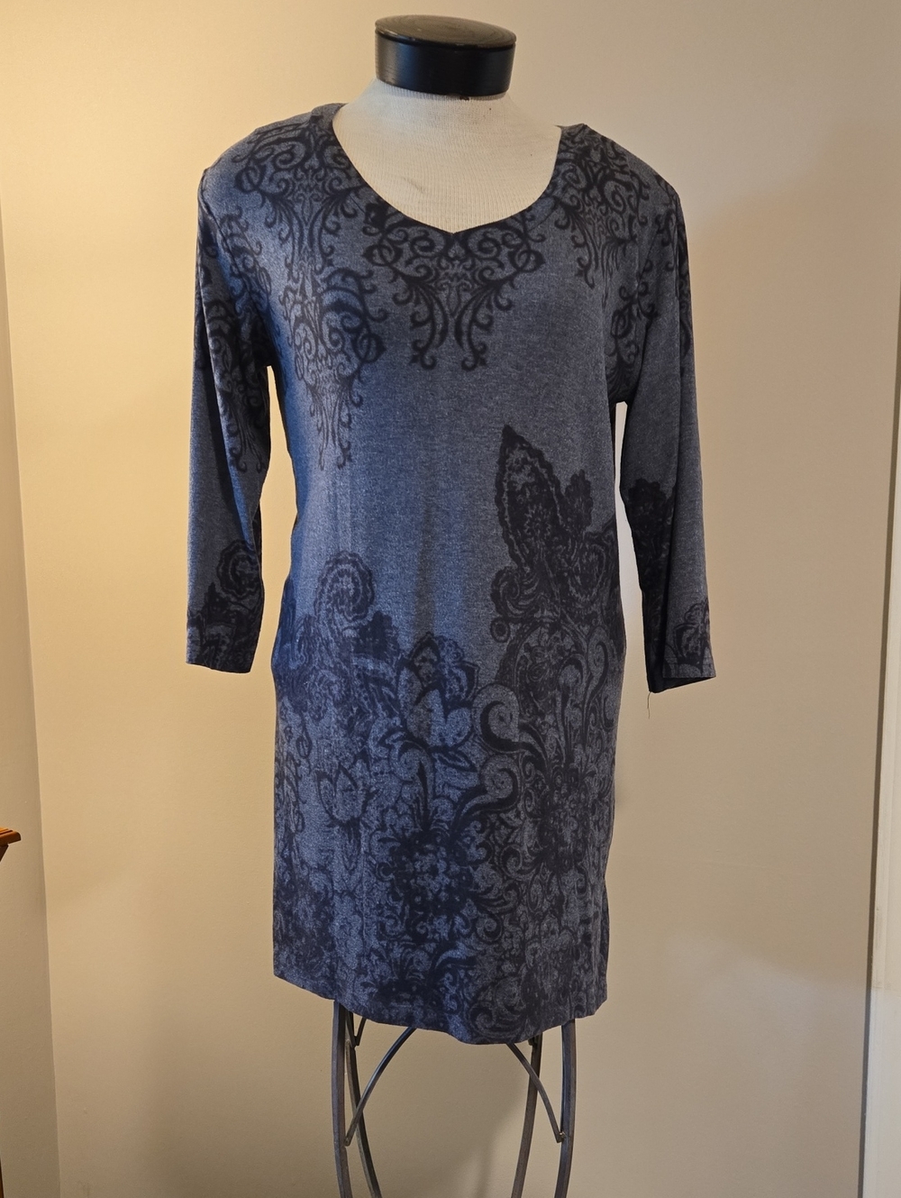 Grey Patterned Long Sleeve Women's Dress